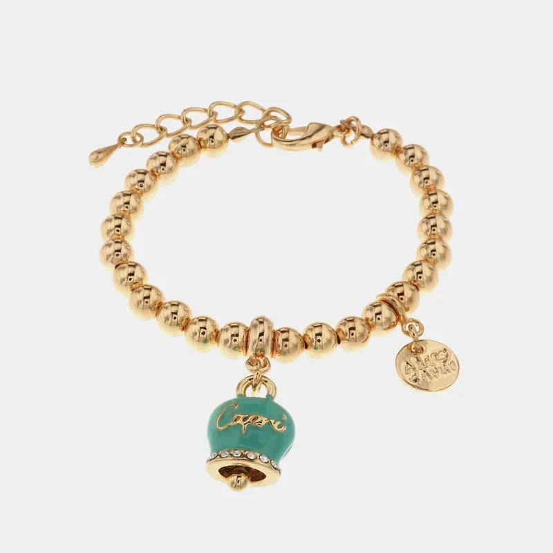 Bracciale in Metallo con campanella verde acqua con scritta Capri.