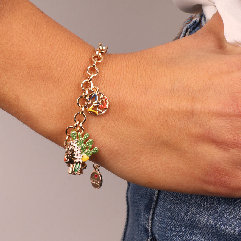 Bracciale in Metallo con testa di moro donna e simbolo di Trinacria impreziositi da smalti colorati - BYSIMON gioielli