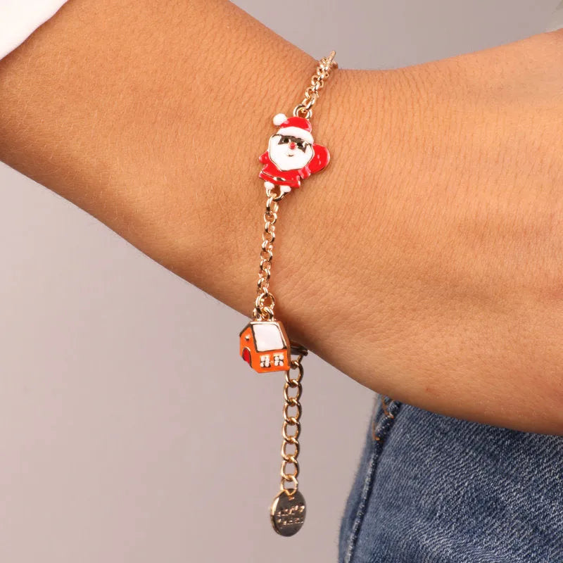 Metal bracelet with Santa Claus, tree, house and snowman