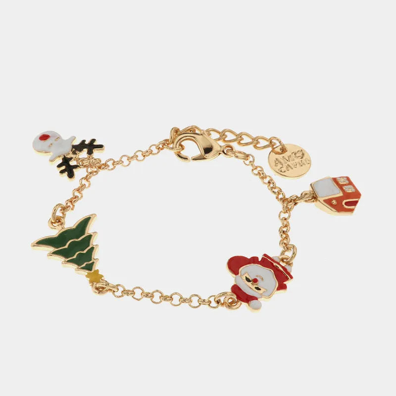Metal bracelet with Santa Claus, tree, house and snowman