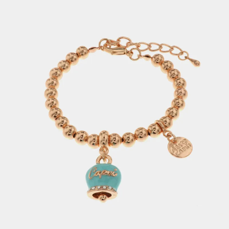 Bracciale in Metallo Bracciale con campanella portafortuna turchese e scritta Capri.