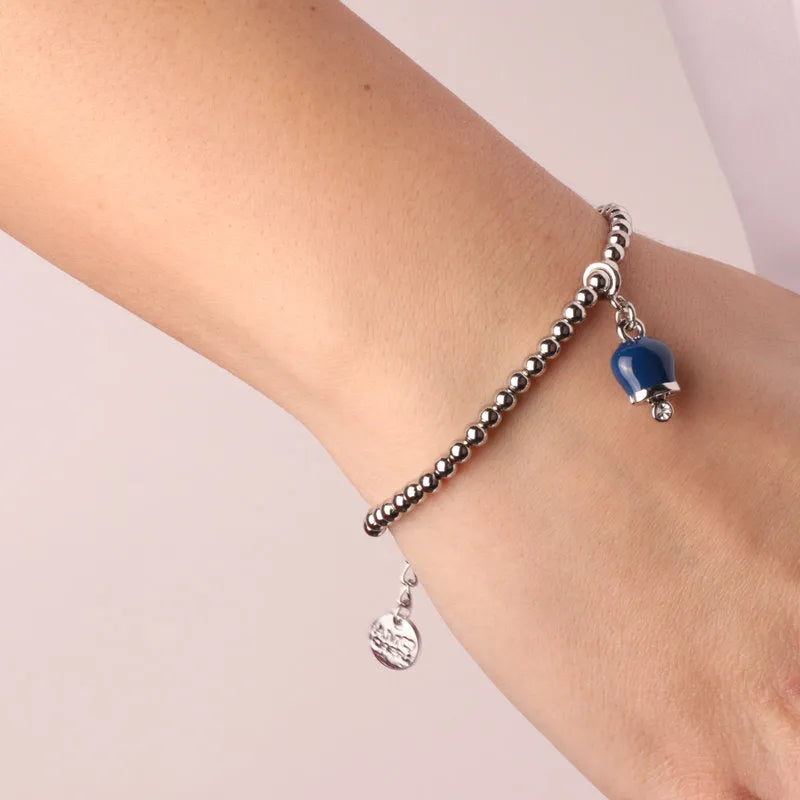 Bracciale in Metallo maglia a sfere con campanella portafortuna pendente blu impreziosita da cristalli - BYSIMON gioielli