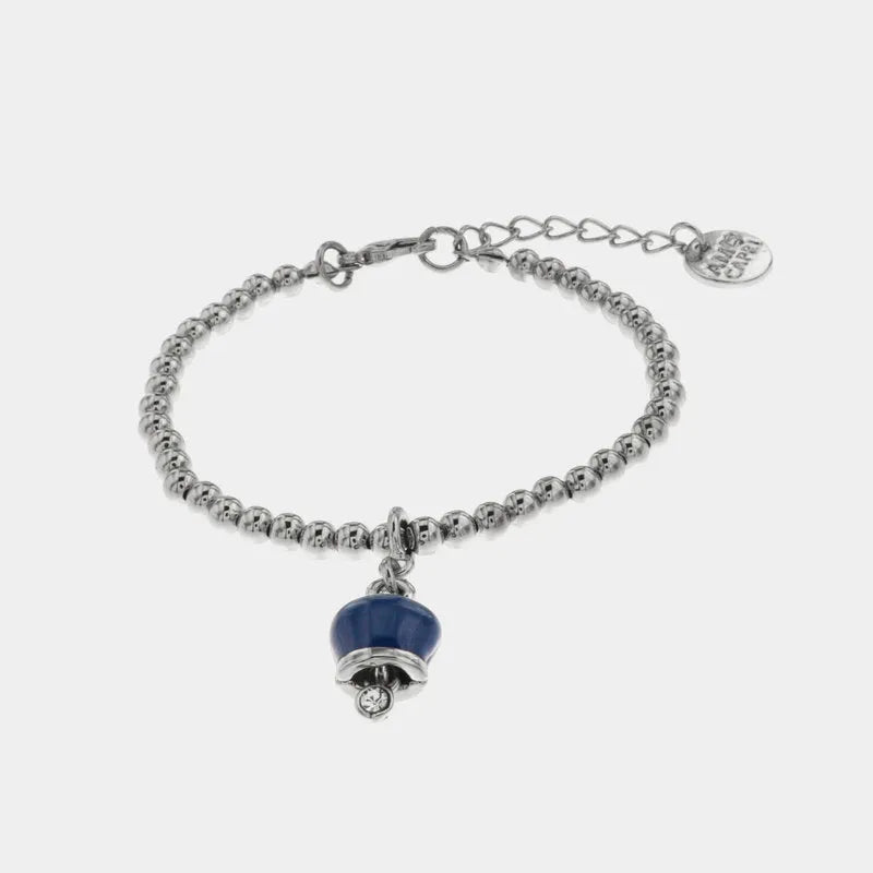 Bracciale in Metallo maglia a sfere con campanella portafortuna pendente blu impreziosita da cristalli - BYSIMON gioielli