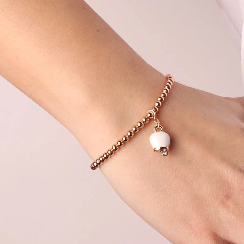 Bracciale in Metallo maglia a sfere con campanella portafortuna pendente bianca impreziosita da cristalli - BYSIMON gioielli