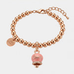 Bracciale in Metallo maglia a sfere, con campanella scritta capri pendente impreziosita da cristalli e smalto rosa - BYSIMON gioielli