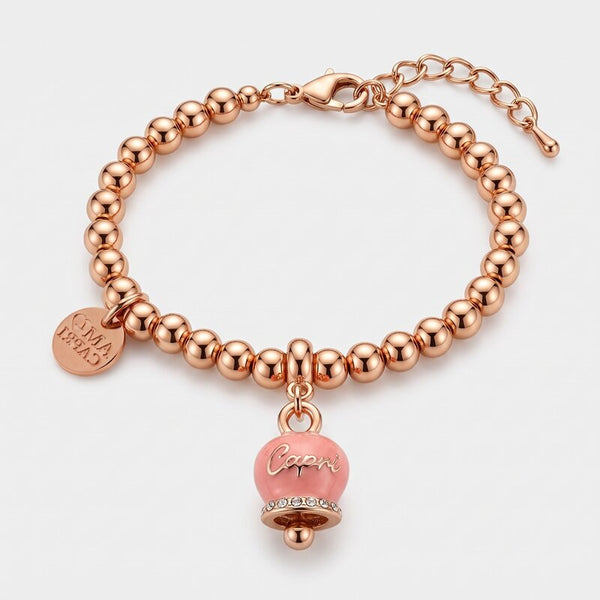 Bracciale in Metallo maglia a sfere, con campanella scritta capri pendente impreziosita da cristalli e smalto rosa
