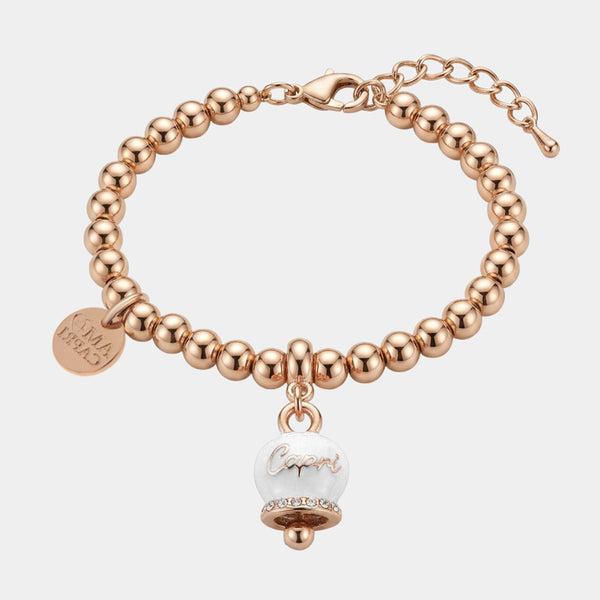 Bracciale in Metallo con campanella scritta capri pendente impreziosita da cristalli e smalto bianco - BYSIMON gioielli