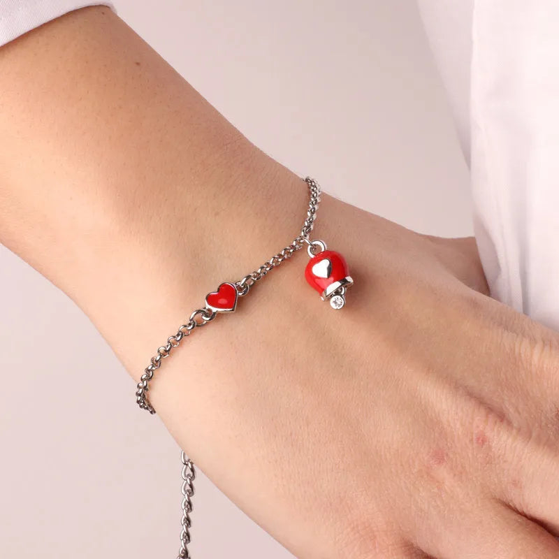 Bracciale in Metallo con cuore e campanella portafortuna rossa - BYSIMON gioielli
