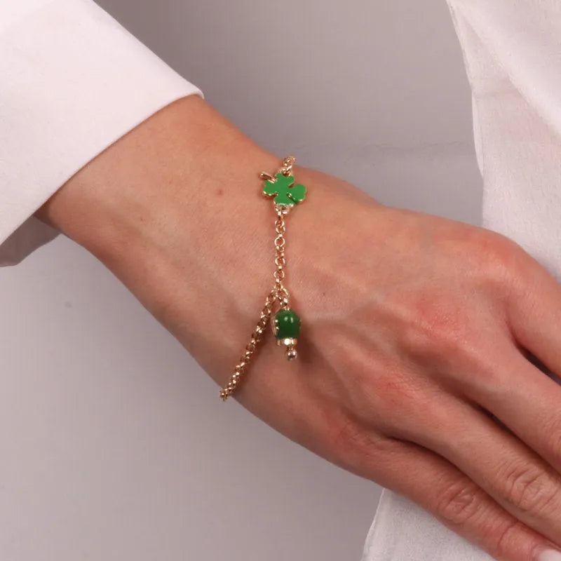 Bracciale in Metallo con cuore e campanella portafortuna verde con quadrifoglio - BYSIMON gioielli
