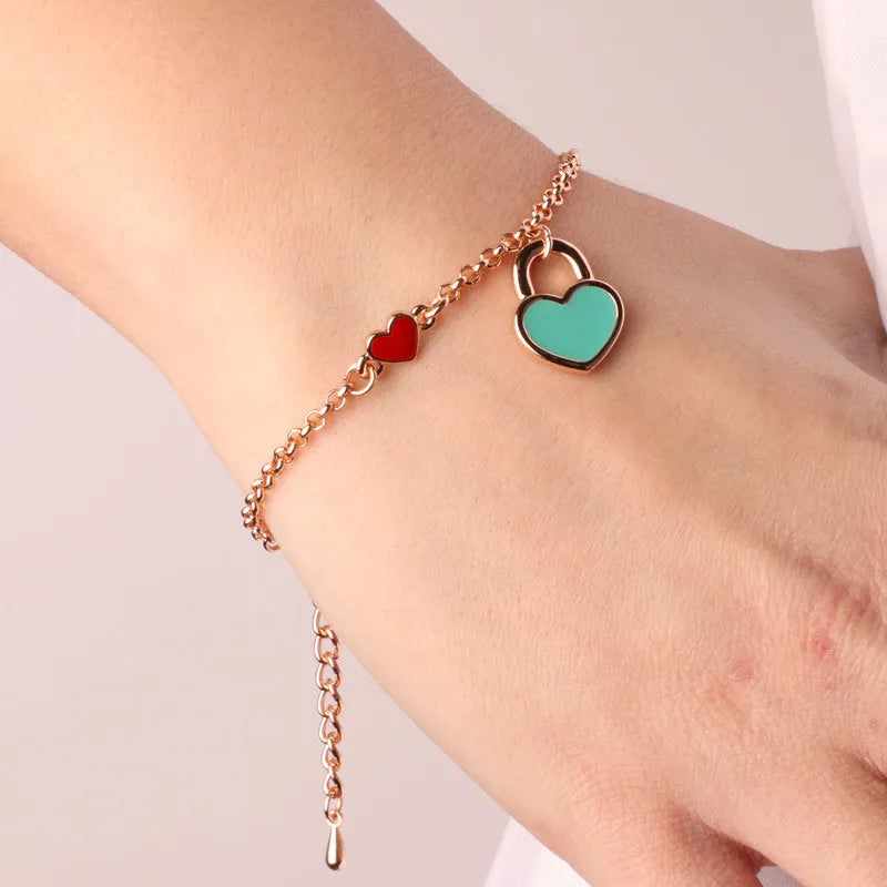 Bracciale in Metallo con cuore rosso e lucchetto a forma di cuore con smalto turchese - BYSIMON gioielli