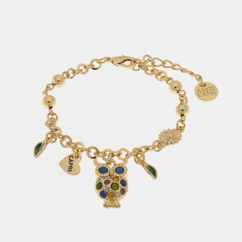 Bracciale in Metallo con gufo portafortuna e cristalli verdi - BYSIMON gioielli