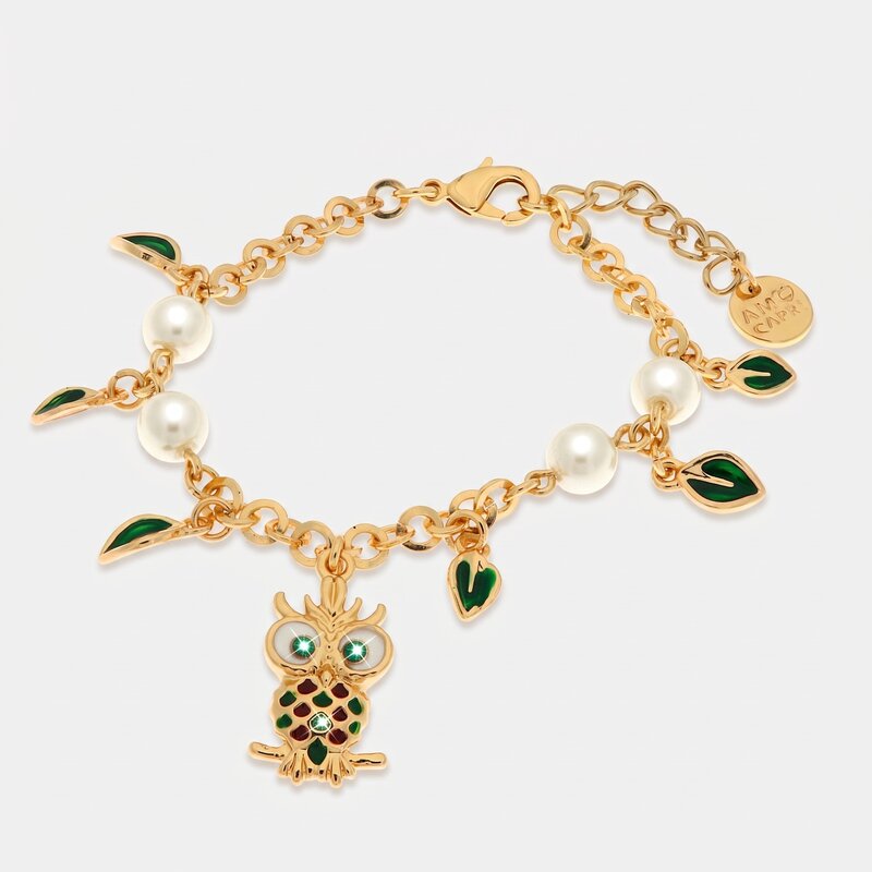 Bracciale in Metallo con gufo portafortuna, cristalli verdi e perle - BYSIMON gioielli