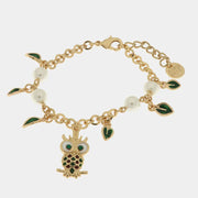 Bracciale in Metallo con gufo portafortuna, cristalli verdi e perle
