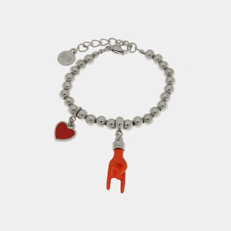 Bracciale in Metallo con pendente a forma di corna porta fortuna e cuore rosso - BYSIMON gioielli