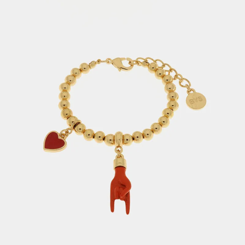 Bracciale in Metallo con pendente a forma di corna porta fortuna e cuore rosso - BYSIMON gioielli