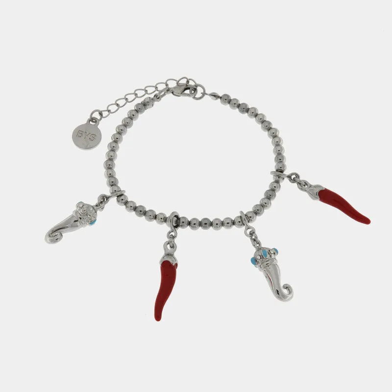 Bracciale in Metallo con cornetti portafortuna in smalto rosso - BYSIMON gioielli