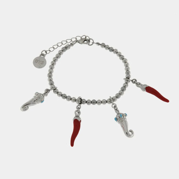 Bracciale in Metallo con cornetti portafortuna in smalto rosso - BYSIMON gioielli