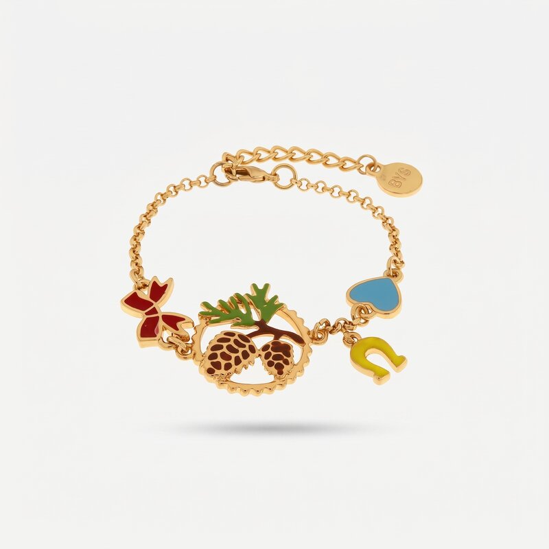 Bracciale in Metallo con pigna, fiocco e ferro di cavallo in smalto colorato - BYSIMON gioielli