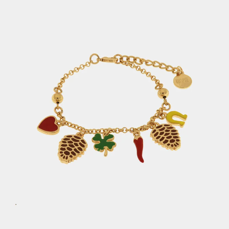 Metal bracelet with pine cone and lucky symbols