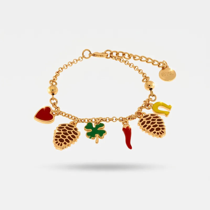 Bracciale in Metallo con pigna e simboli portafortuna