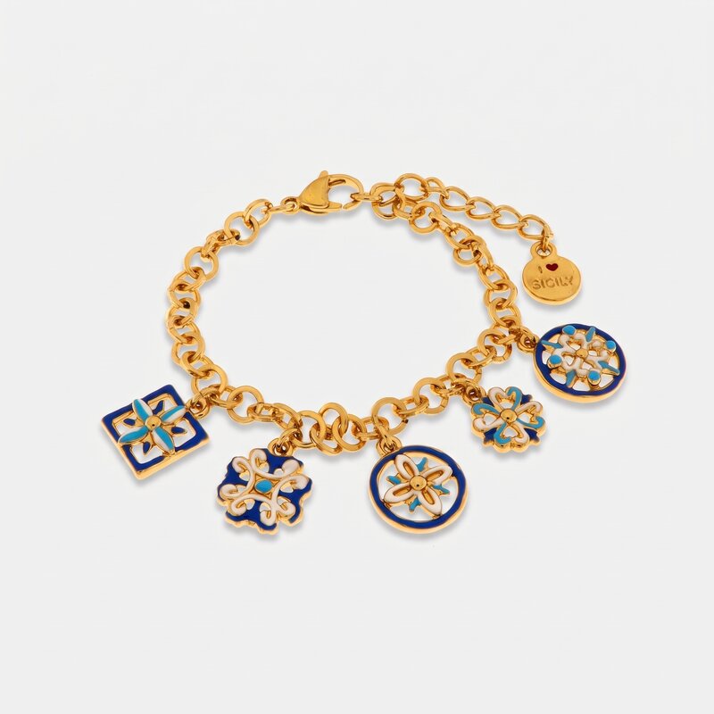 Bracciale in Metallo con maioliche colorate pendenti - BYSIMON gioielli