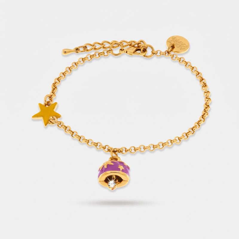 Bracciale in Metallo con campanella in smalto viola impreziosita da stelle e sole - BYSIMON gioielli