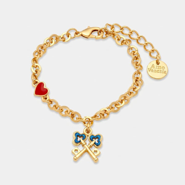 Bracciale in Metallo con chiavi intrecciate in smalto azzurro e cuore rosso - BYSIMON gioielli