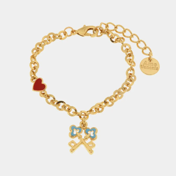 Bracciale in Metallo con chiavi intrecciate in smalto azzurro e cuore rosso - BYSIMON gioielli