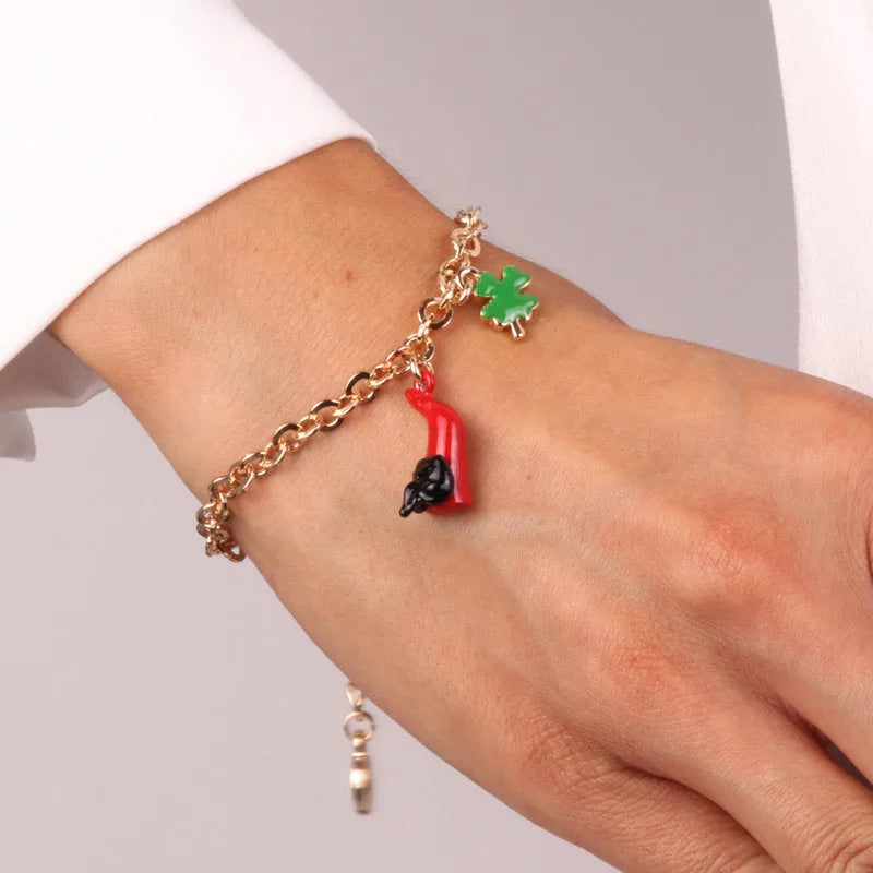 Bracciale in Metallo con cornetto portafortuna in smalto rosso e quadrifoglio - BYSIMON gioielli