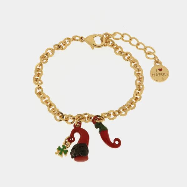 Bracciale in metallo con cornetto portafortuna rosso e quadrifoglio | bracciale cornetto portafortuna | BYSIMON