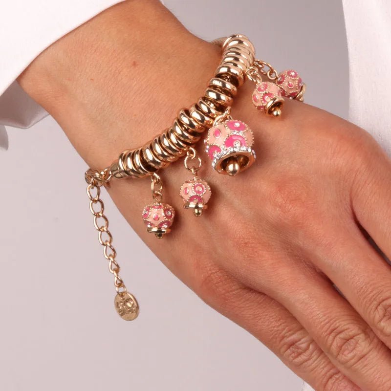 Bracciale in Metallo con campanelle colorate in smalto rosa e cristalli bianchi - BYSIMON gioielli