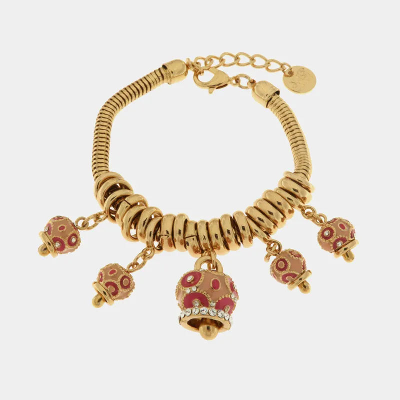 Bracciale in Metallo con campanelle colorate in smalto rosa e cristalli bianchi - BYSIMON gioielli