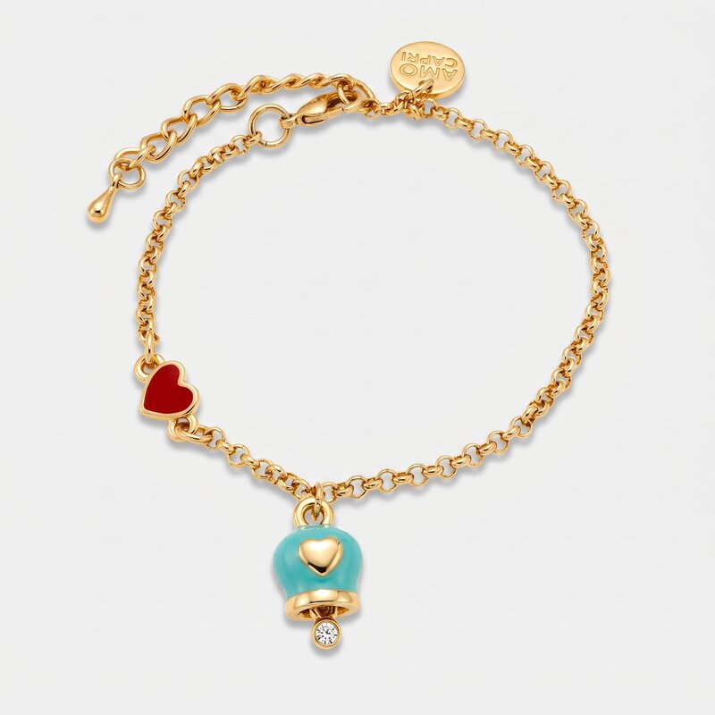Bracciale in Metallo con campanella portafortuna in smalto turchese e cuore rosso - BYSIMON gioielli