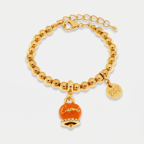 Bracciale in Metallo con campanella scritta capri pendente impreziosita da cristalli e smalto arancione
