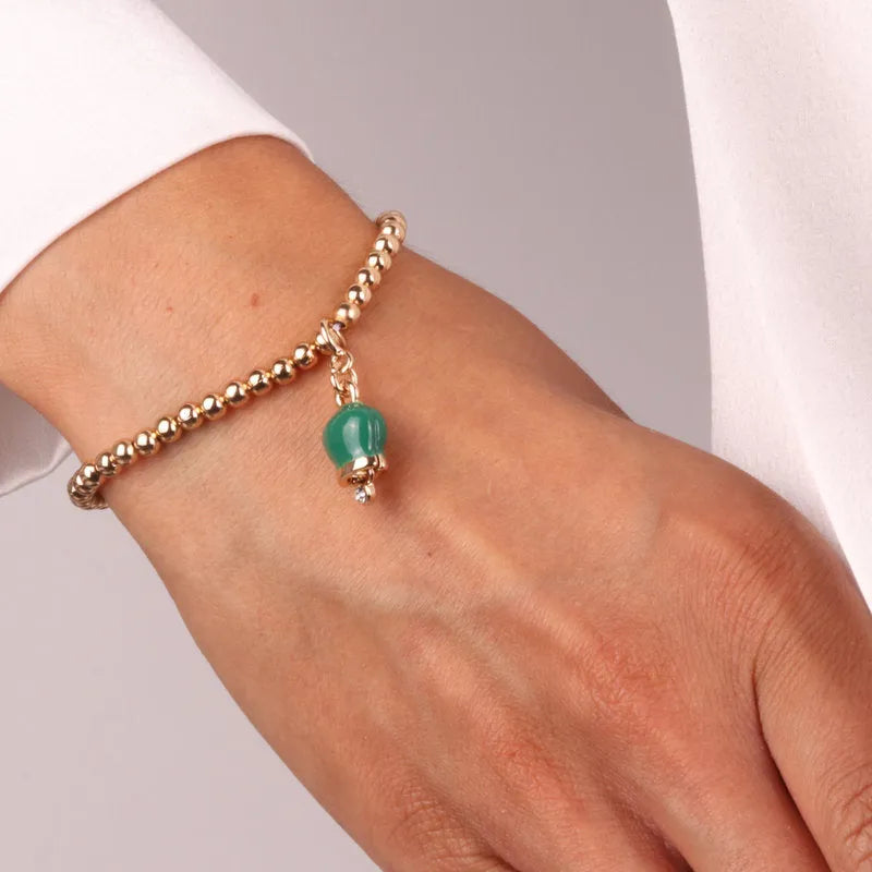 Bracciale in Metallo con campanella portafortuna impreziosita da smalto verde - BYSIMON gioielli