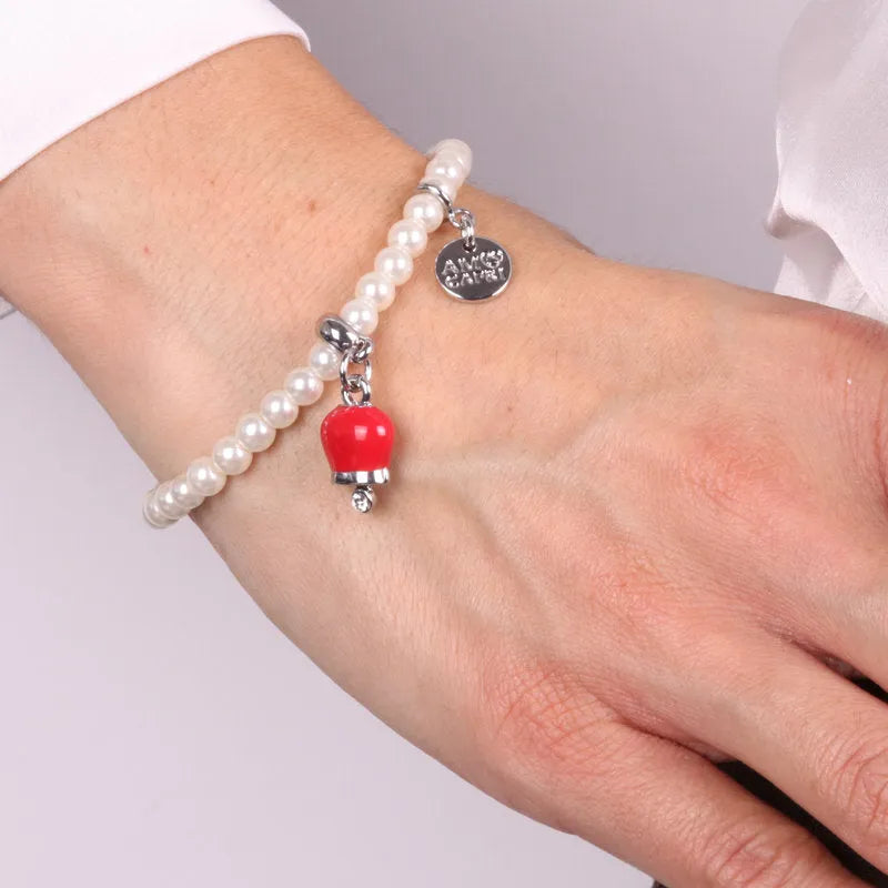 Bracciale in Metallo Bracciale in Metallo con perle e campanella portafortuna in smalto rosso - BYSIMON gioielli