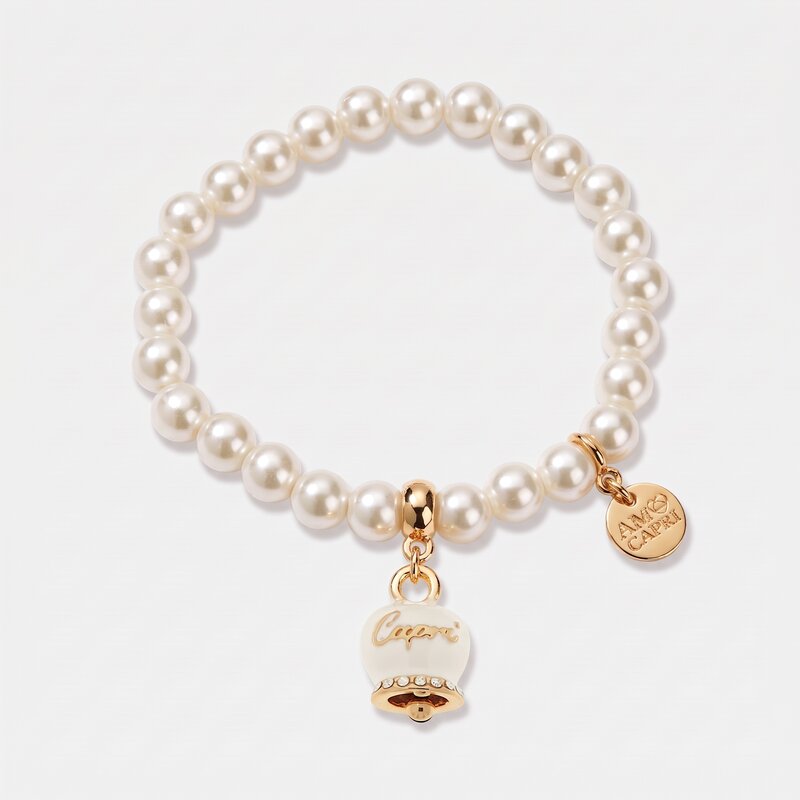 Bracciale in Metallo Bracciale in Metallo con perle e campanella portafortuna in smalto bianco con scritta Capri