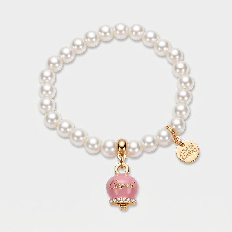 Bracciale in Metallo Bracciale in Metallo con perle e campanella portafortuna in smalto rosa con scritta Capri