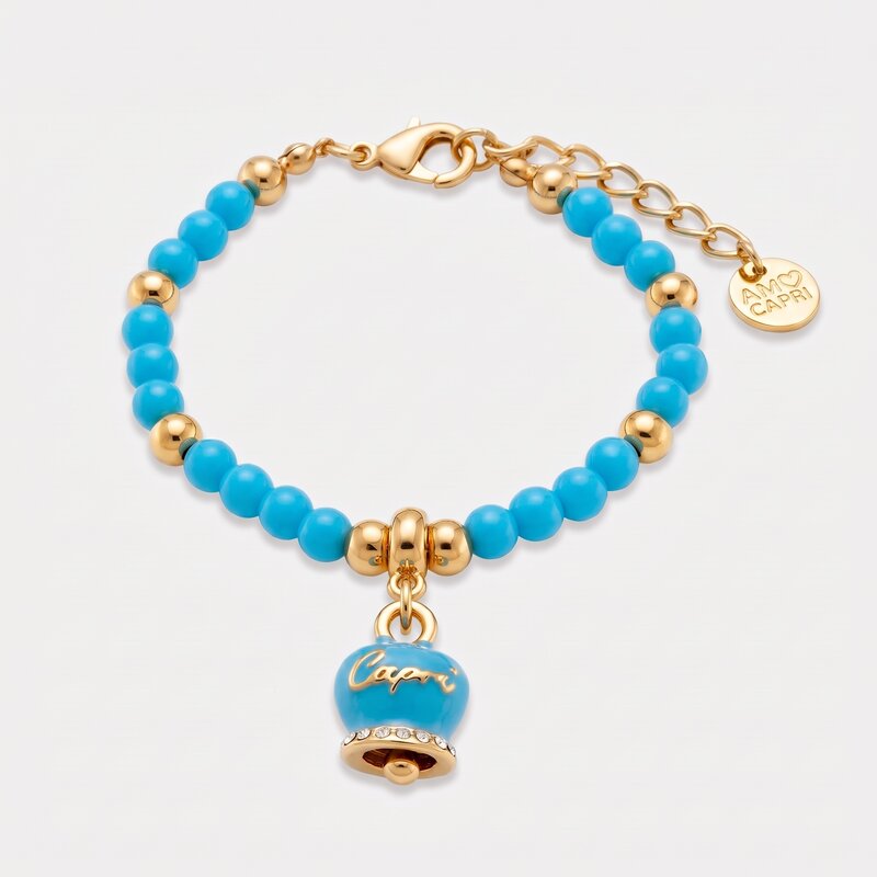 Bracciale in Metallo con campanella smaltata turchese e perline