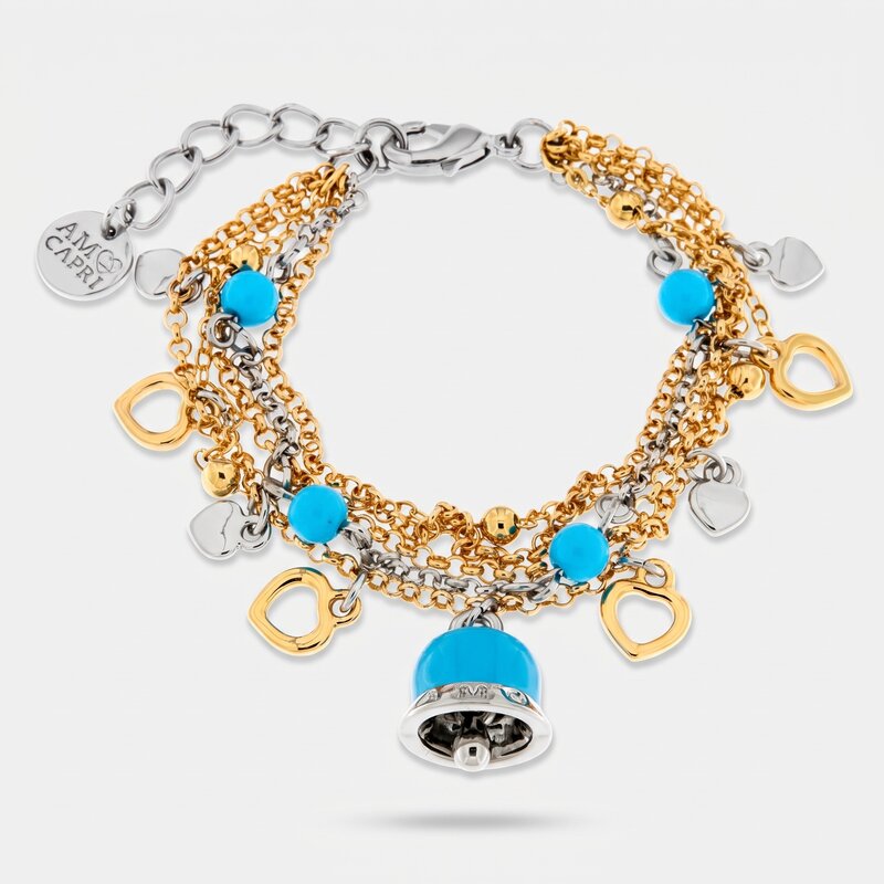 Bracciale in Metallo con ciondoli a forma di cuore e campanella smaltata turchese - BYSIMON gioielli