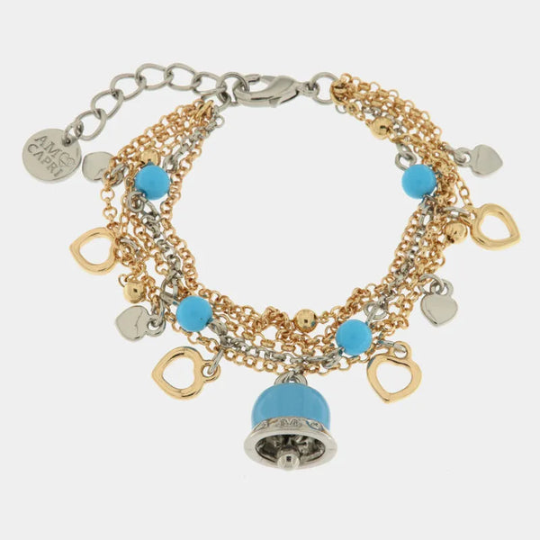 Bracciale in Metallo con ciondoli a forma di cuore e campanella smaltata turchese - BYSIMON gioielli