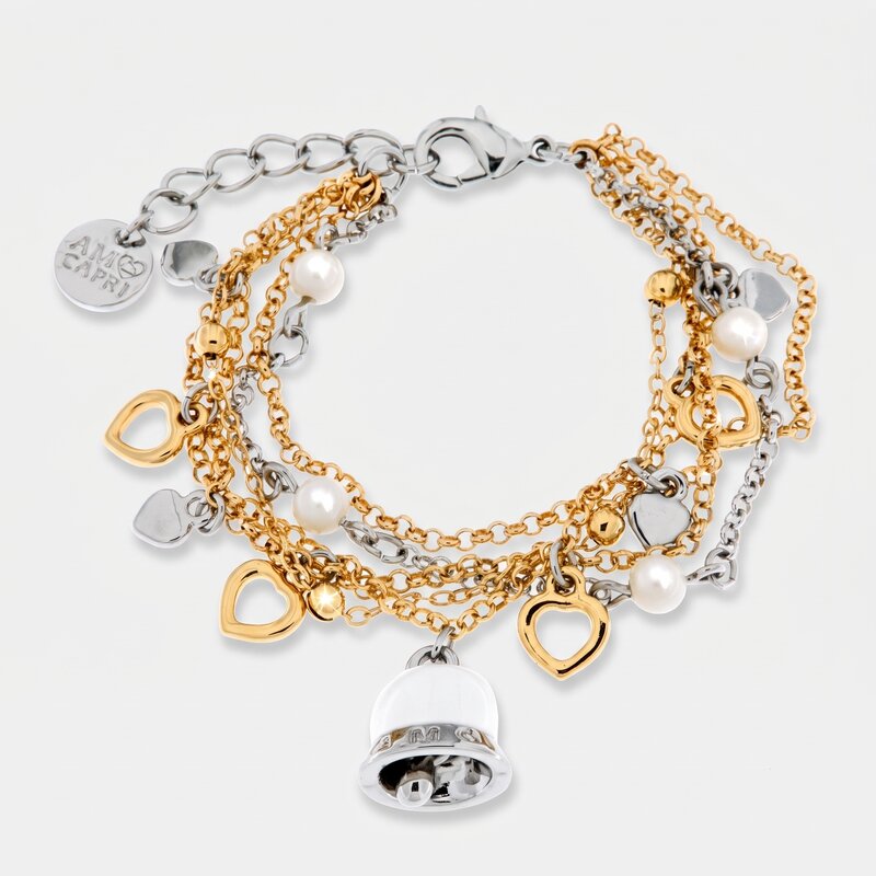 Bracciale in Metallo con ciondoli a forma di cuore e campanella smaltata bianca - BYSIMON gioielli