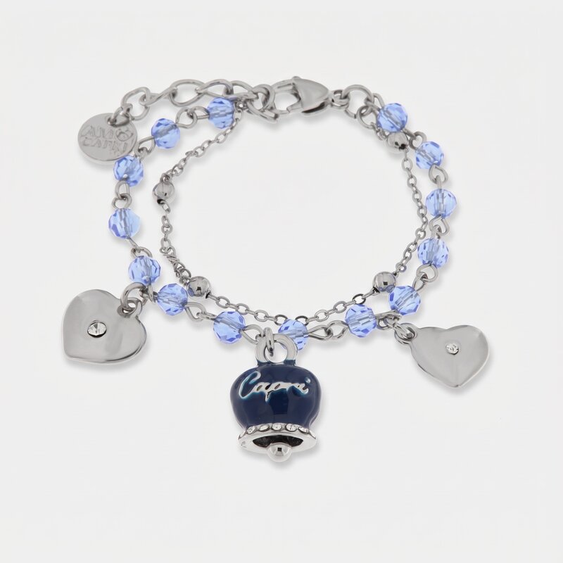 Bracciale in Metallo con campana smaltata blu e cuoricini pendenti