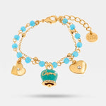 Bracciale in Metallo con campana smaltata azzurra e cuoricini pendenti
