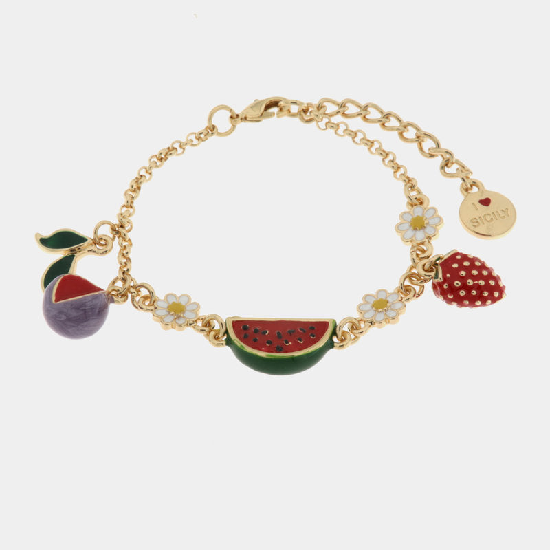Metal bracelet with hanging watermelon and strawberries