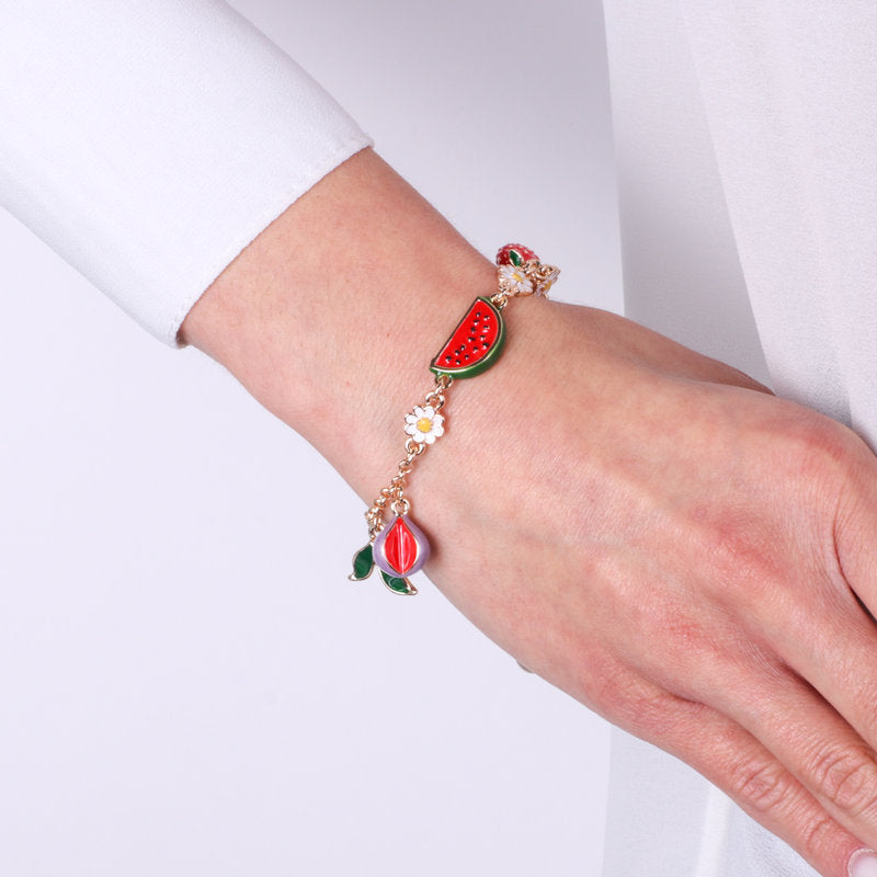 Metal bracelet with hanging watermelon and strawberries