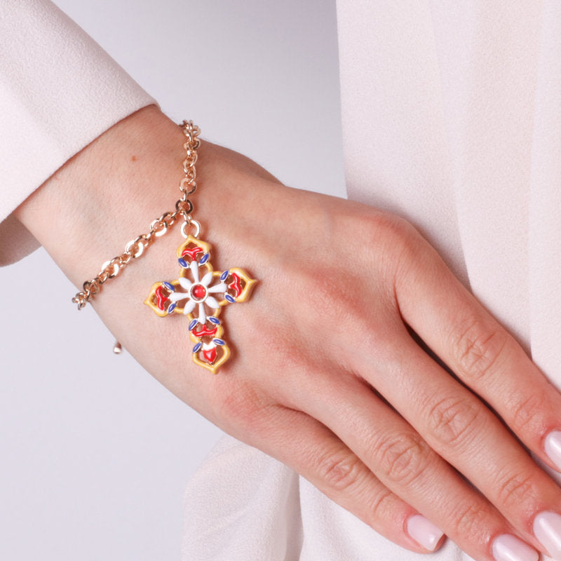 Metal bracelet with colored cross
