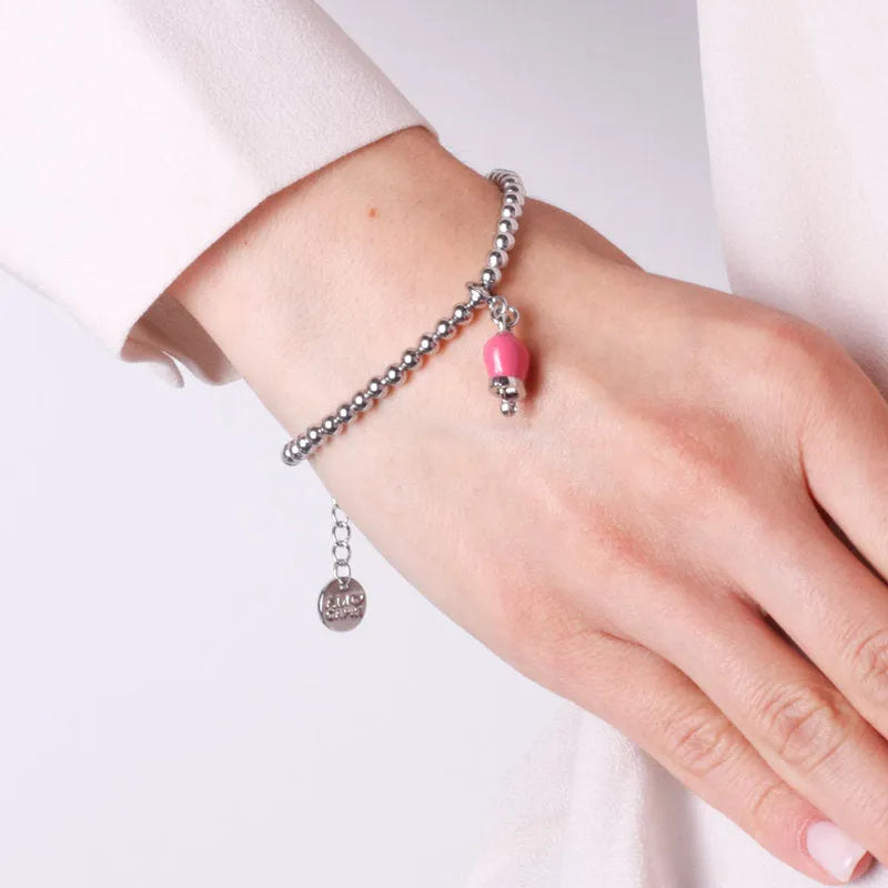 Bracciale in Metallo maglia a sfere con campanella portafortuna pendente impreziosita da cristalli - BYSIMON gioielli