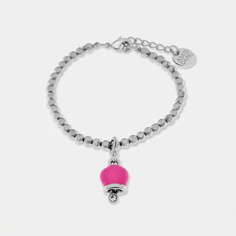 Bracciale in Metallo maglia a sfere con campanella portafortuna pendente impreziosita da cristalli - BYSIMON gioielli