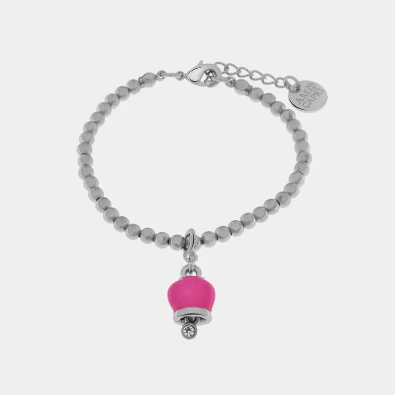 Bracciale in Metallo maglia a sfere con campanella portafortuna pendente impreziosita da cristalli - BYSIMON gioielli